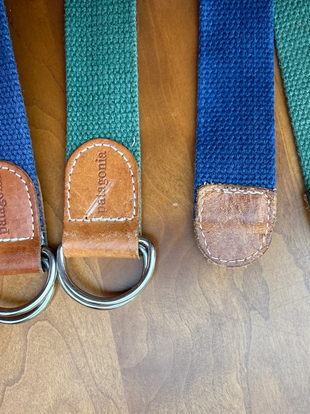 Set of 2 Patagonia Cotton Canvas D-Ring Belt Navy & Green Leather Trim GORPCORE